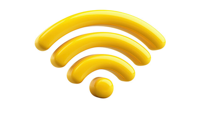A bright yellow glossy 3D Wi-Fi symbol representing wireless internet connection and connectivity.

