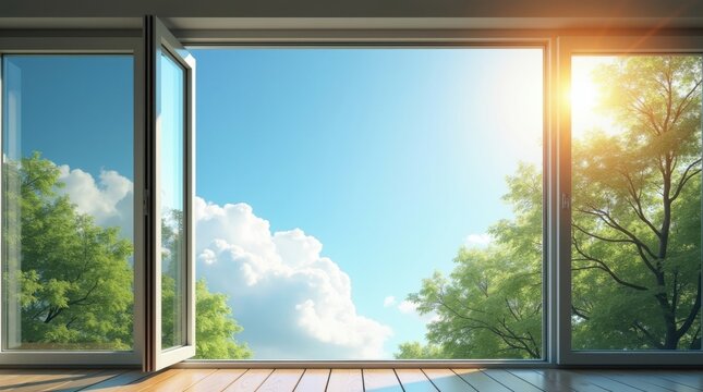 Moderna ventana de vidrio limpia abierta al cielo azul, luz solar entrando, frondosos &aacute;rboles afuera, tema de eficiencia energ&eacute;tica