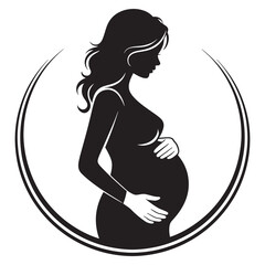 Pregnant woman silhouette holding belly with stylish hair in elegant circular frame design