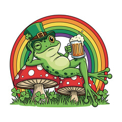 Cheerful Irish Frog with Beer Mug and Leprechaun Hat Relaxing under a Rainbow on Mushrooms
