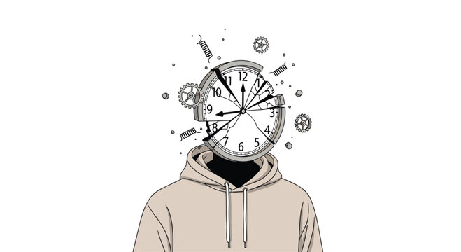 A person in a beige hoodie has a fragmented clock face with gears and springs for a head against a white background.