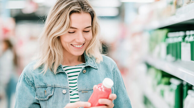 Young woman shopping for groceries, scrutinizing a beverage bottle label in a brightly lit store aisle, focusing on healthy options