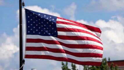 American flag waving against blue sky and clouds on a bright day.