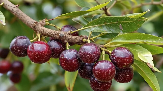 Jamun fruit growing on branches in western ghat region showing lush green leaves