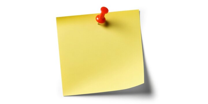 Yellow sticky note with red push pin on white background