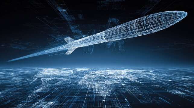 Wireframe ballistic projectile travels across a glowing digital landscape at night