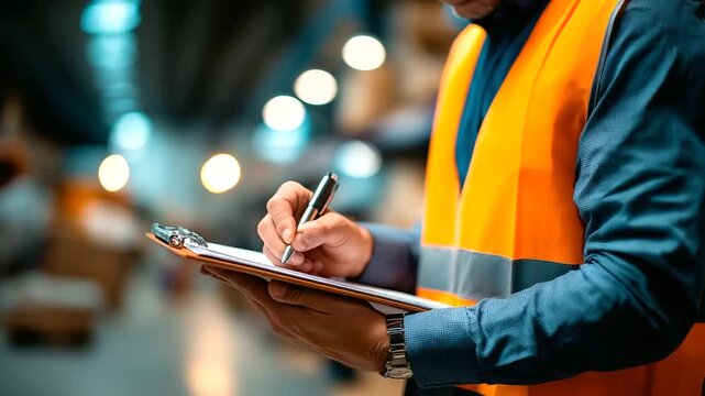 Faceless safety inspector reviewing compliance documentation heavily defocused workplace background anonymous professional with regulatory checklist occupational safety