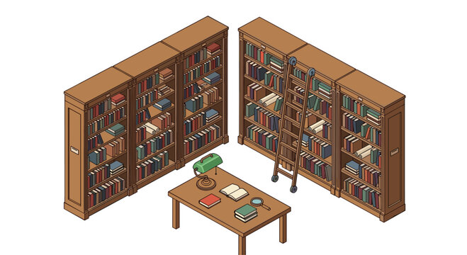 Isometric view of a classic library reading room with tall wooden bookshelves, a table, lamp, and numerous books.