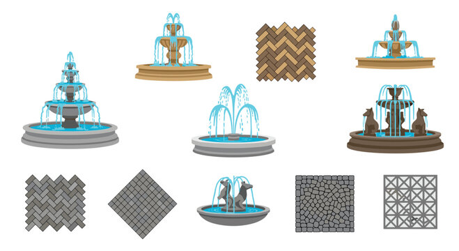 Isometric collection of various tiered and decorative water fountains with flowing water and different paving patterns.