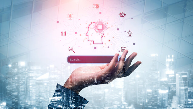 AI search engine visualized with brain, knowledge and smart technology in digital knowledge discovery concept. Corpus