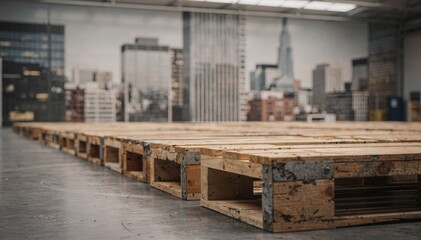 Row of pallets ready for urban dropoff channel sharply focused directories with slightly blurred cityscape mural in loading area.