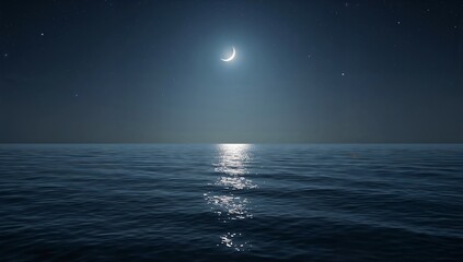Fototapeta premium Serene ocean under a crescent moon and starry night sky with moonlit path