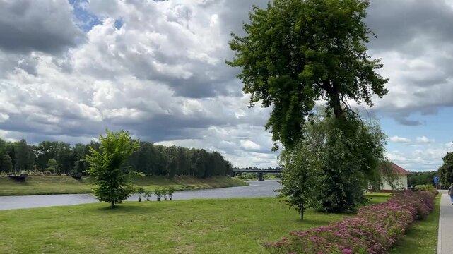 The embankment of the Western Dvina River in Polotsk in summer, Belarus