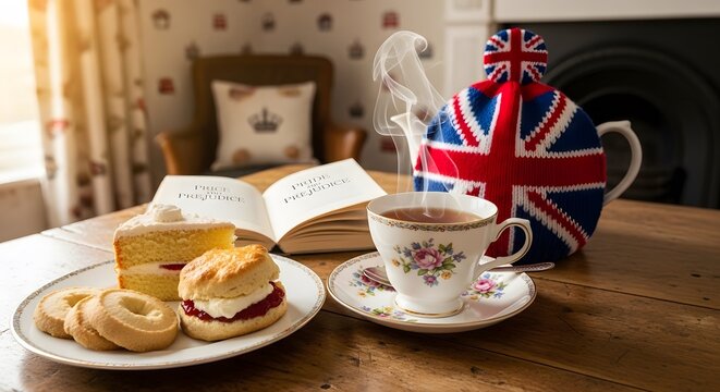 Traditional british tea time with scones and union jack teapot on wooden table in cozy room