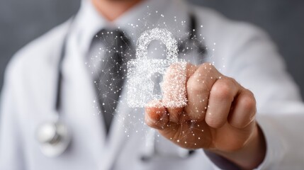 Fototapeta premium Medical professional interacts with a glowing digital security icon representing data protection.