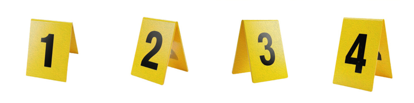 Forensic Evidence Marker PNG Set, Yellow Numbered Tent Signs 1-4 Isolated on White, Crime Scene Investigation Clipart