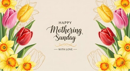 Happy mothering sunday greeting card with colorful tulips and yellow flowers