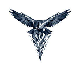 Fototapeta premium Low-poly vector illustration of a falcon spotting prey before a dive, wings spread wide in an angular hovering posture, head