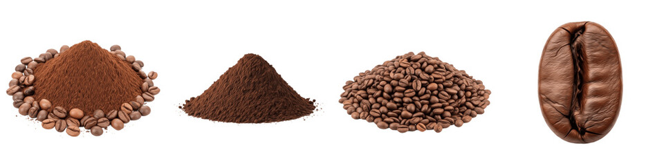 Obraz premium Premium Coffee Collection PNG Set, Roasted Beans and Ground Espresso Piles Isolated on White, Cafe Ingredient Clipart