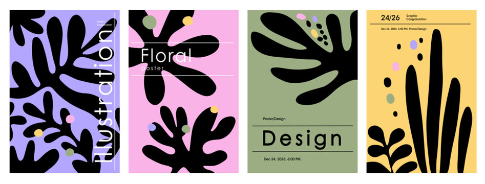 Set of modern abstract floral posters with minimalist botanical elements and bold color blocks. Contemporary graphic design with stylized leaves and organic shapes in trendy palette.