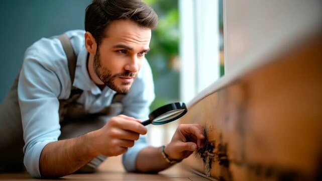 Faceless man examining termite infestation on baseboard heavily defocused wall corner background anonymous person with damaged wood visible mold and pests home maintenance pest