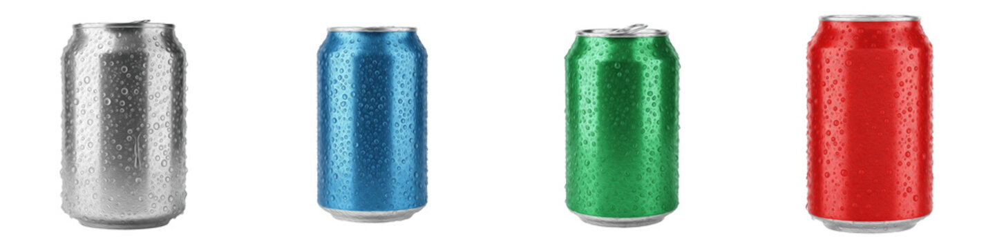 Chilled Beverage Can PNG Set, Refreshing Aluminum Soda and Seltzer Cans with Water Droplets Isolated on White, Soft Drink Clipart