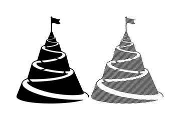 Fototapeta premium A winding path leads to a flag atop a conical mountain, symbolizing achievement and success.