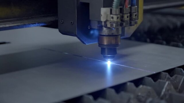 Industrial laser cutting machine precisely inscribes a glowing blue line across a large metallic sheet during fabrication processes.