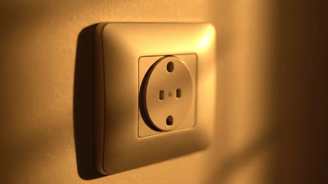 Close-up of a wall outlet with blue light indicator, technology and home, energy