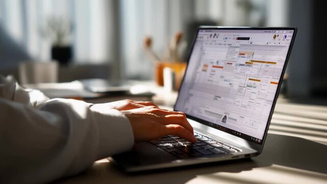Close-up of hands working on laptop with colorful schedule and tables on screen in modern office, illustrating planning, productivity, and digital workflow on clean desk