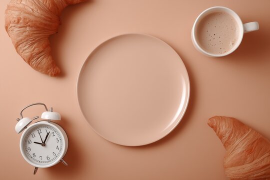 Empty plate with croissant coffee and clock on pastel table.