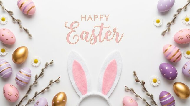 Happy Easter text with pastel colored eggs, golden eggs, pussy willow branches, and small white daisy flowers arranged on a clean white background, featuring pink bunny ears in the center.