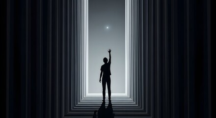 A man stands in a dark corridor with his arm raised towards a light.