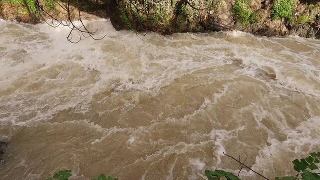 fast moving muddy water in a strong forest stream
