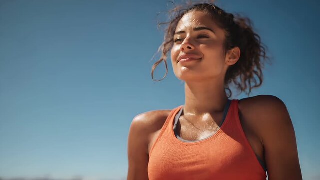 Cardio sports exercise, healthy lifestyle. A woman in a vibrant orange sports bra top, her hair blowing in the wind, against a clear blue sky.