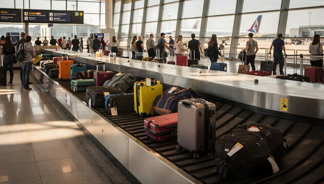 Baggage Claim Area in a Modern Airport Terminal: Passengers Awaiting Luggage Arrival with Natural Light and Large Windows, Captured from a High Angle View