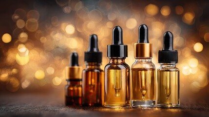 Naklejka premium Row of cosmetic dropper bottles filled with golden liquid stands against a glowing background