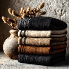 Fototapeta premium Stack of folded neutral-toned linen textiles with dried grasses in rustic ceramic vase, cozy home decor.