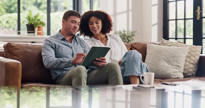 Travel plan, tablet or couple in house with review, trip option or destination decision on booking app. Discussion, man or woman with tech, resort selection or vacation choice in online map browse.