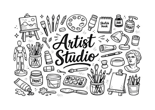 Artist painting studio tools, hand drawn doodle elements set, center hand-lettered title, black & white vector line art, bold