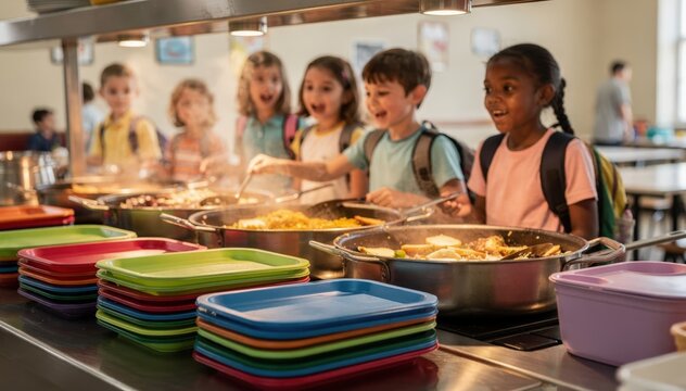 Medium shot of elementary school cafeteria serving line with colorful trays and steaming hot pans lively students waiting in soft focus background.