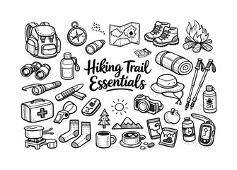 Obraz premium Hiking trail essentials set, hand drawn doodle elements set, center hand-lettered title, black & white vector line art, bold
