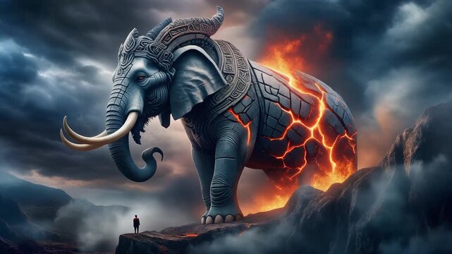 Colossal Molten Elephant Statue on Stormy Mountain with Lone Explorer