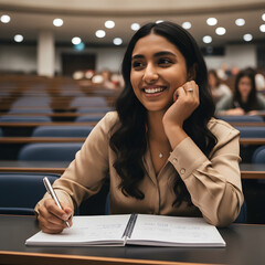 Smiling student taking notes in a university lecture hall