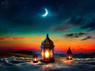 Ramadan Kareem - Eid Mubarak - Arabic Lanterns Glowing In The Desert At Night With Crescent Moon - Eid Ul Fitr - Muslim Holy Month