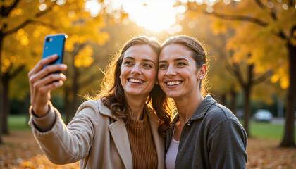 Two women smiling while taking a selfie in autumn park  