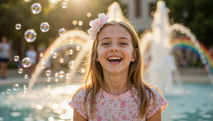 Happy young girl smiling in front of fountain with bubbles  