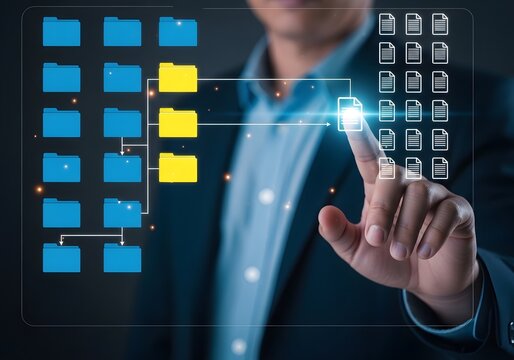 Digital file management system: person using a futuristic interface to organize and transfer data between folders