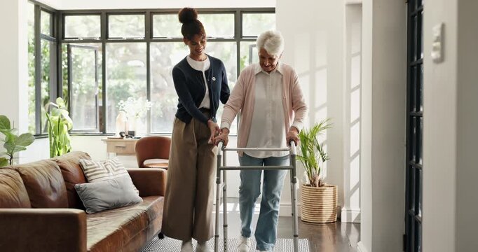 Walker, volunteer and senior woman in nursing home, mobility assistance and support for retirement. Community service, help and old person with disability in assisted living, balance and elderly care