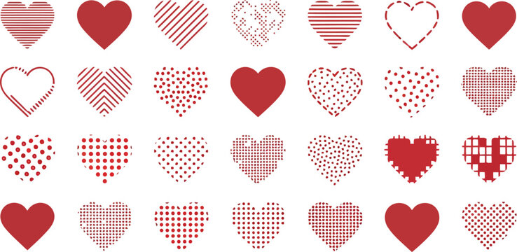 Collection of diverse red heart symbols and icons in various patterns and designs